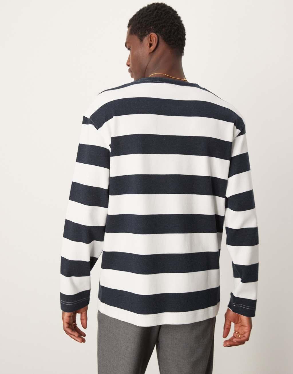 Selected Homme oversized boxy long sleeve T-shirt in navy stripe Product Image