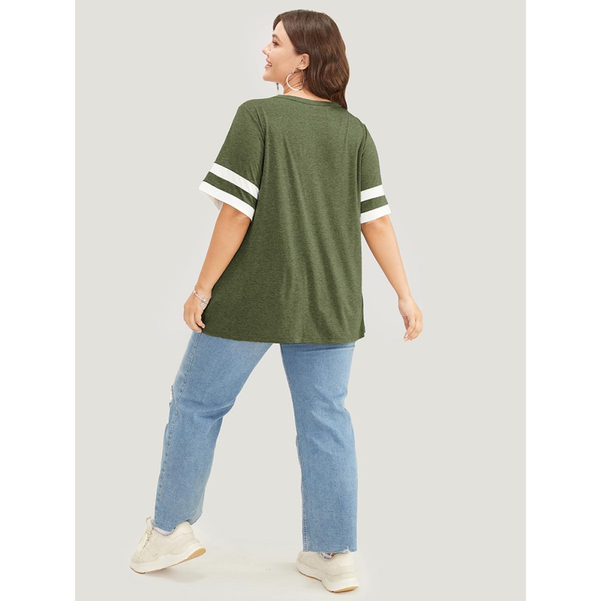 Plus Size Striped Contrast V Neck Button Detail T-shirt ArmyGreen Women Casual Contrast Plain V-neck Dailywear T-shirts BloomChic 12/L Product Image