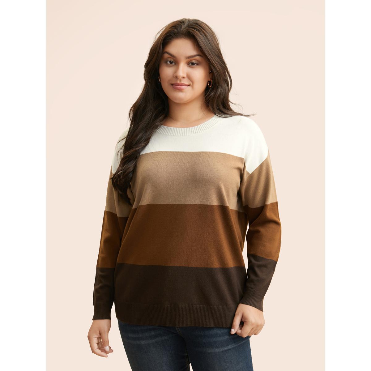 Plus Size Supersoft Essentials Colorblock Contrast Drop Shoulder Pullover Browncoffeecolor Women Casual Loose Long Sleeve Round Neck Everyday Pullovers BloomChic 22-24/3X Product Image