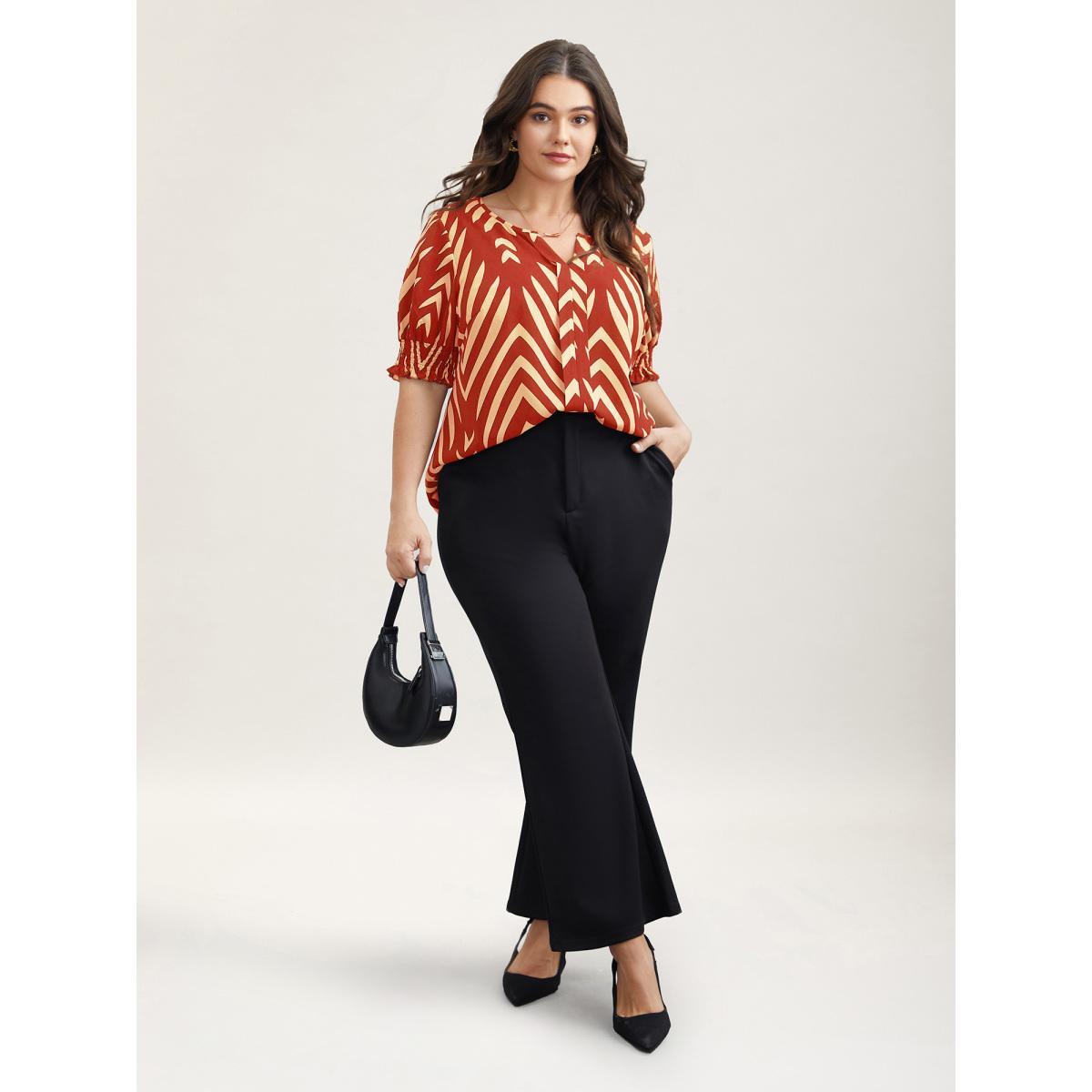 Plus Size OrangeRed Geometric Print Ruffled Shirred Shirt Women At the Office Half Sleeve Flat collar with V-notch Work Blouses BloomChic 22-24/3X Product Image