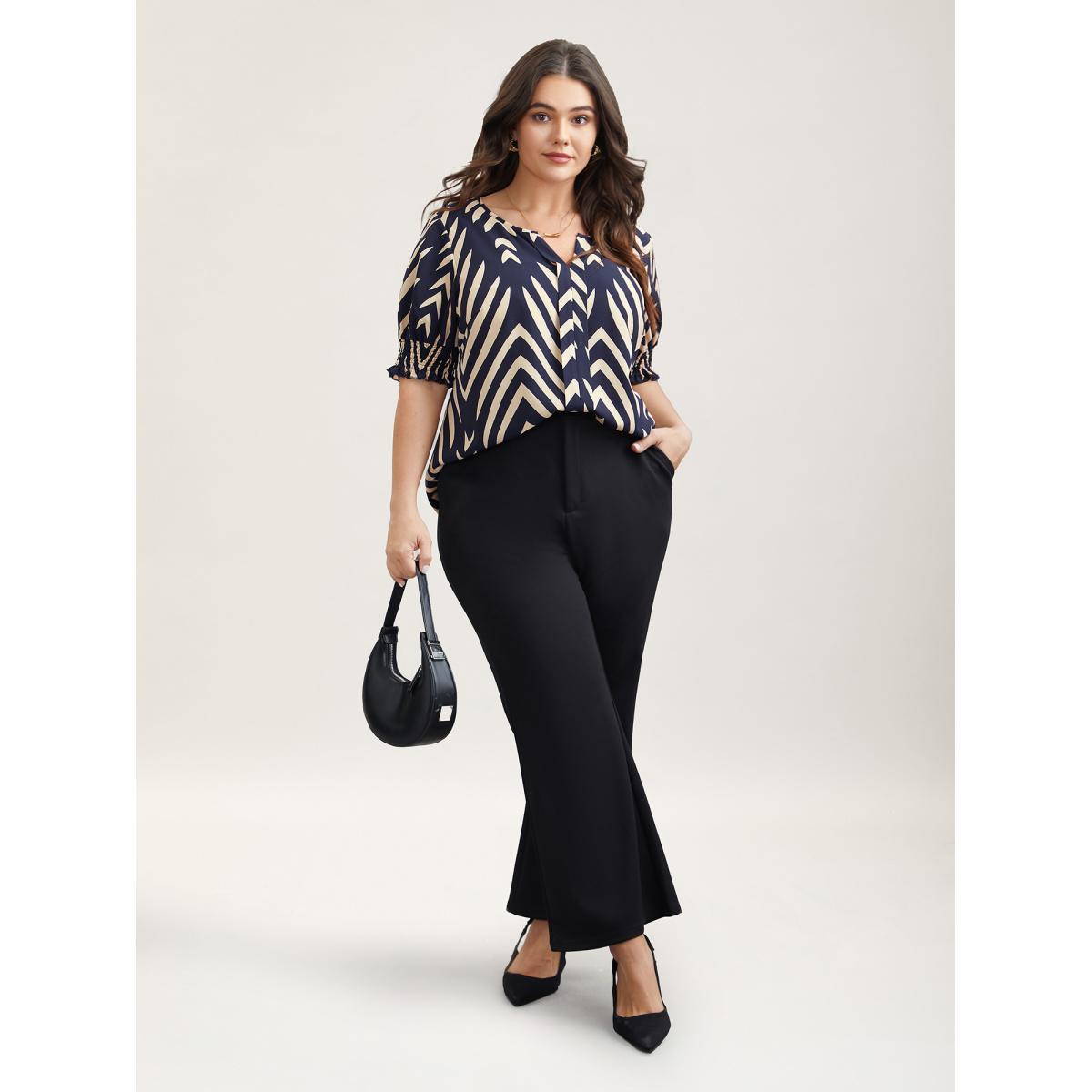 Plus Size DarkGreen Geometric Print Ruffled Shirred Shirt Women At the Office Half Sleeve Flat collar with V-notch Work Blouses BloomChic 14-16/1X Product Image