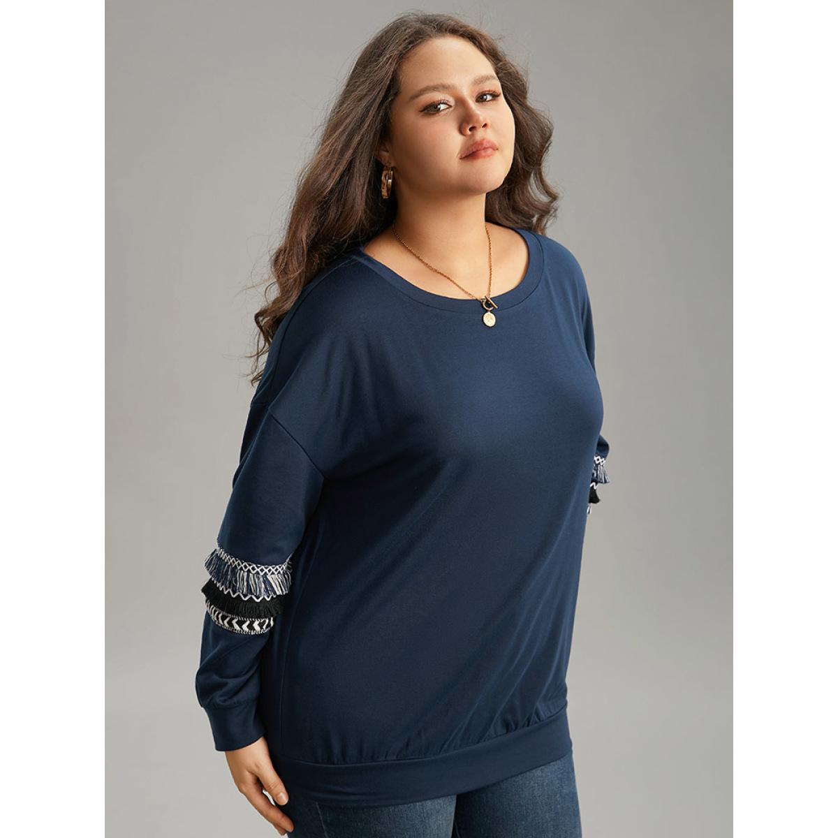 Plus Size Tassels Trim Layered Patchwork Sweatshirt Women DarkBlue Elegant Tassels Round Neck Dailywear Sweatshirts BloomChic 10/M Product Image