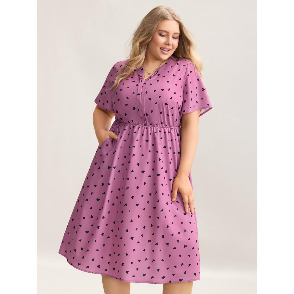 Plus Size Ruffled Sleeve Printed Pockets Midi Dress Lilac Women Elegant Tucked seam Notched collar Short sleeve Curvy BloomChic 12/L Product Image
