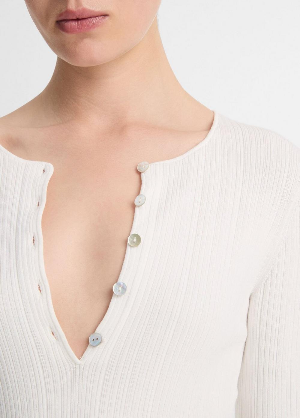 Womens Italian Cotton-Blend Tipped-Edge Henley, Off White/deep Lake, Size M Vince Product Image