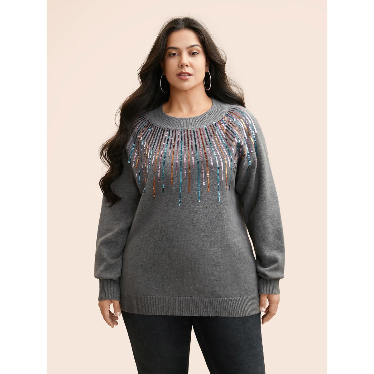 Plus Size Supersoft Essentials Sequin Raglan Sleeve Pullover DimGray Women Casual Loose Long Sleeve Round Neck Everyday Pullovers BloomChic 10/M Product Image
