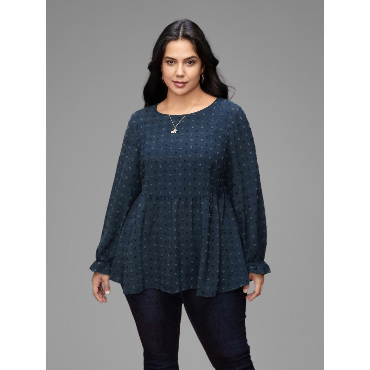 Plus Size Indigo Textured Dot Elastic Cuffs A-line Blouse Women Casual Long Sleeve Round Neck Everyday Blouses BloomChic 28/5X Product Image