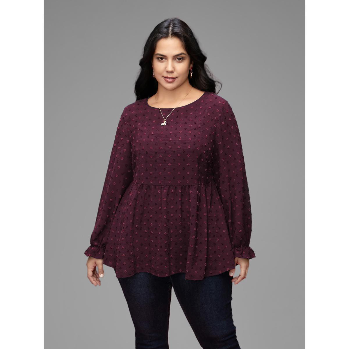 Plus Size Indigo Textured Dot Elastic Cuffs A-line Blouse Women Casual Long Sleeve Round Neck Everyday Blouses BloomChic 28/5X Product Image