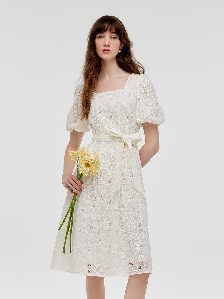Lace Puff Sleeves Women Midi Dress With Belt Product Image