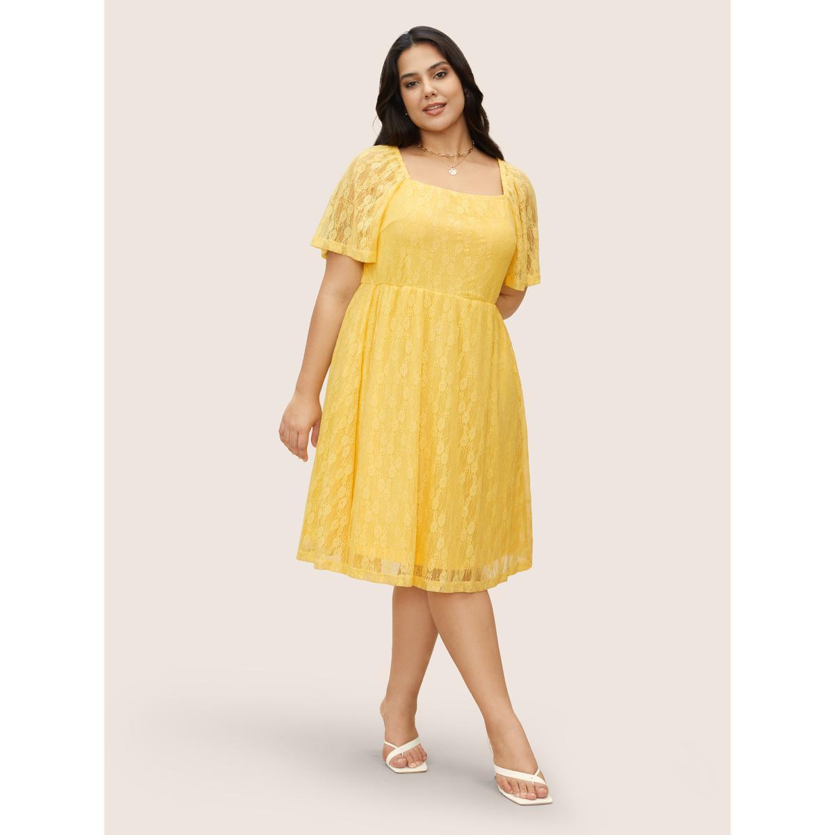 Plus Size Crochet Lace Mesh Ruffle Sleeve Dress Yellow Women Elegant Woven ribbon&lace trim Square Neck Short sleeve Curvy BloomChic 30/6X Product Image