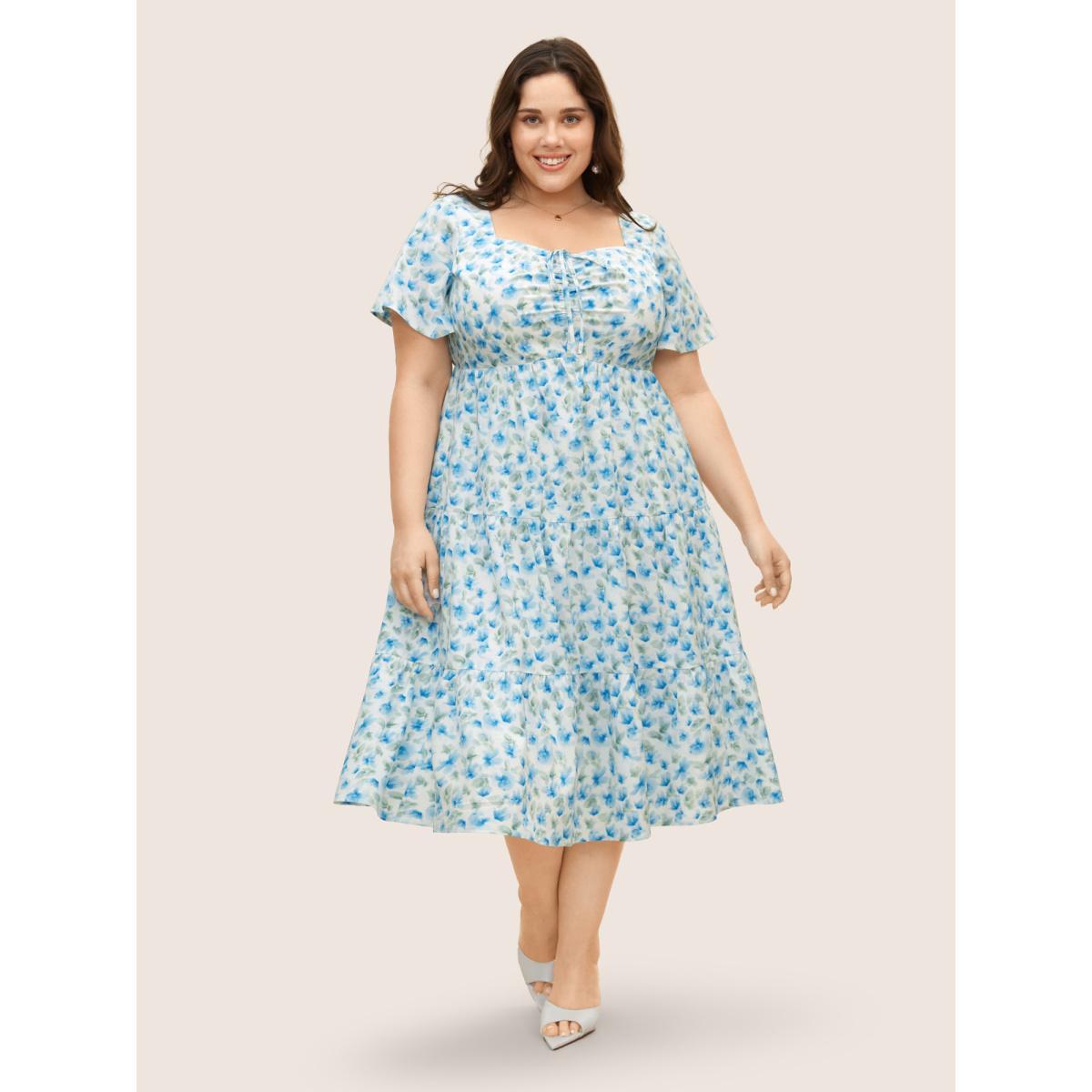 Plus Size Watercolor Floral Drawstring Ruffle Sleeve Midi Dress Skyblue Women Elegant Drawstring Square Neck Short sleeve Curvy BloomChic 30/6X Product Image