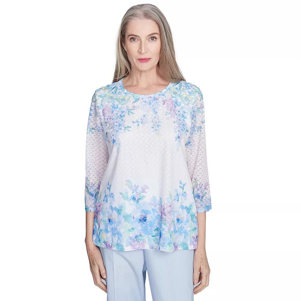Petite Alfred Dunner Textured Sky Blue Floral Border Top, Women's, Size: Small Petite, Blue Team Product Image