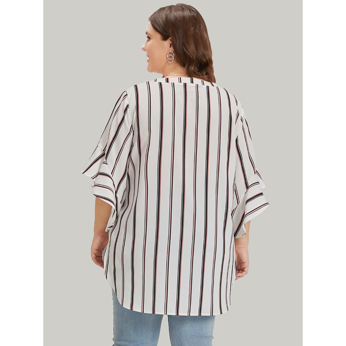 Plus Size White Striped Contrast Notched Bell Sleeve Split Side Blouse Women Office Elbow-length sleeve Notched collar Dailywear Blouses BloomChic 18-20/2X Product Image