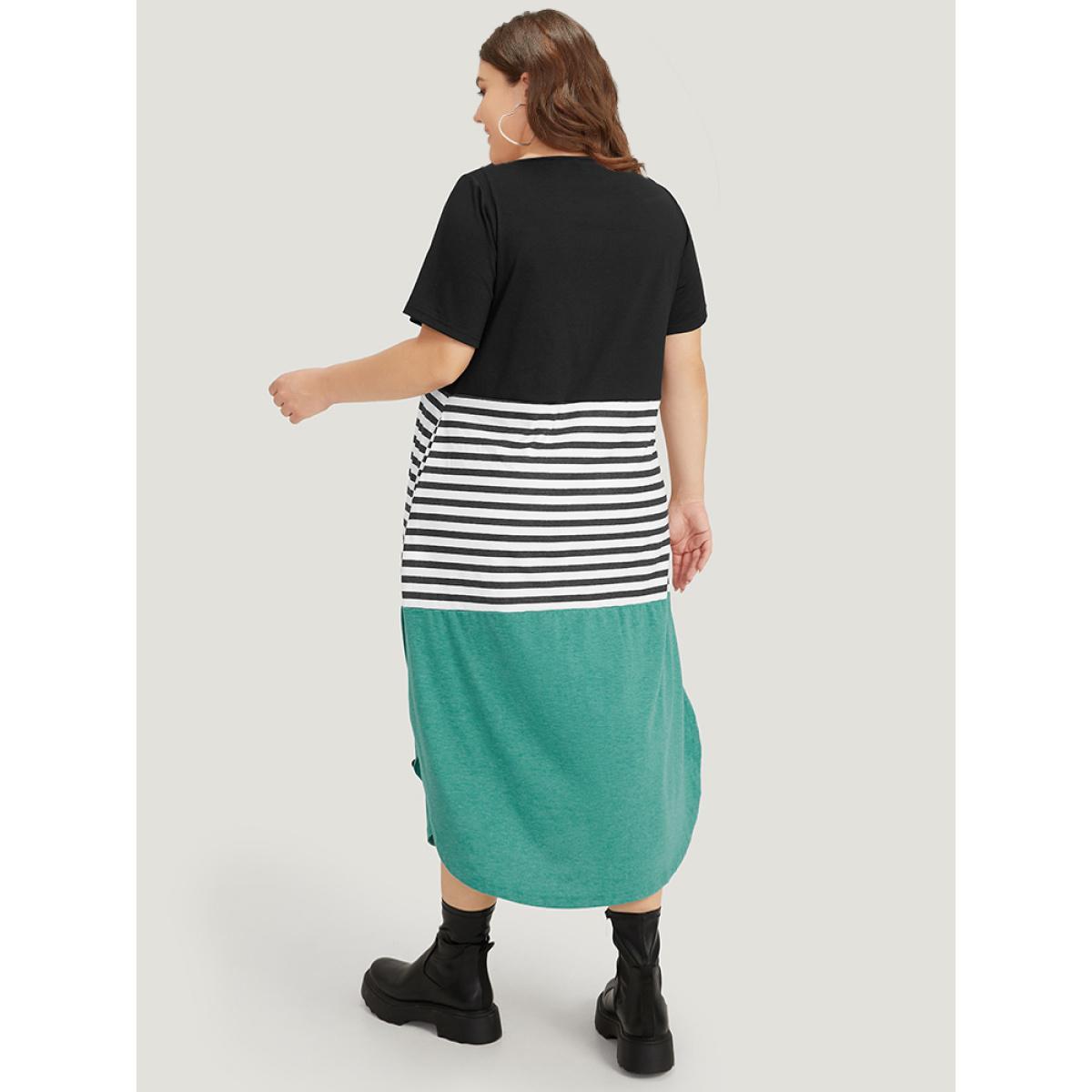Plus Size Supersoft Essentials Striped Colorblock Arc Hem Button Detail Dress Black Women Casual Arc Hem Round Neck Short sleeve Curvy Midi Dress BloomChic 18-20/2X Product Image