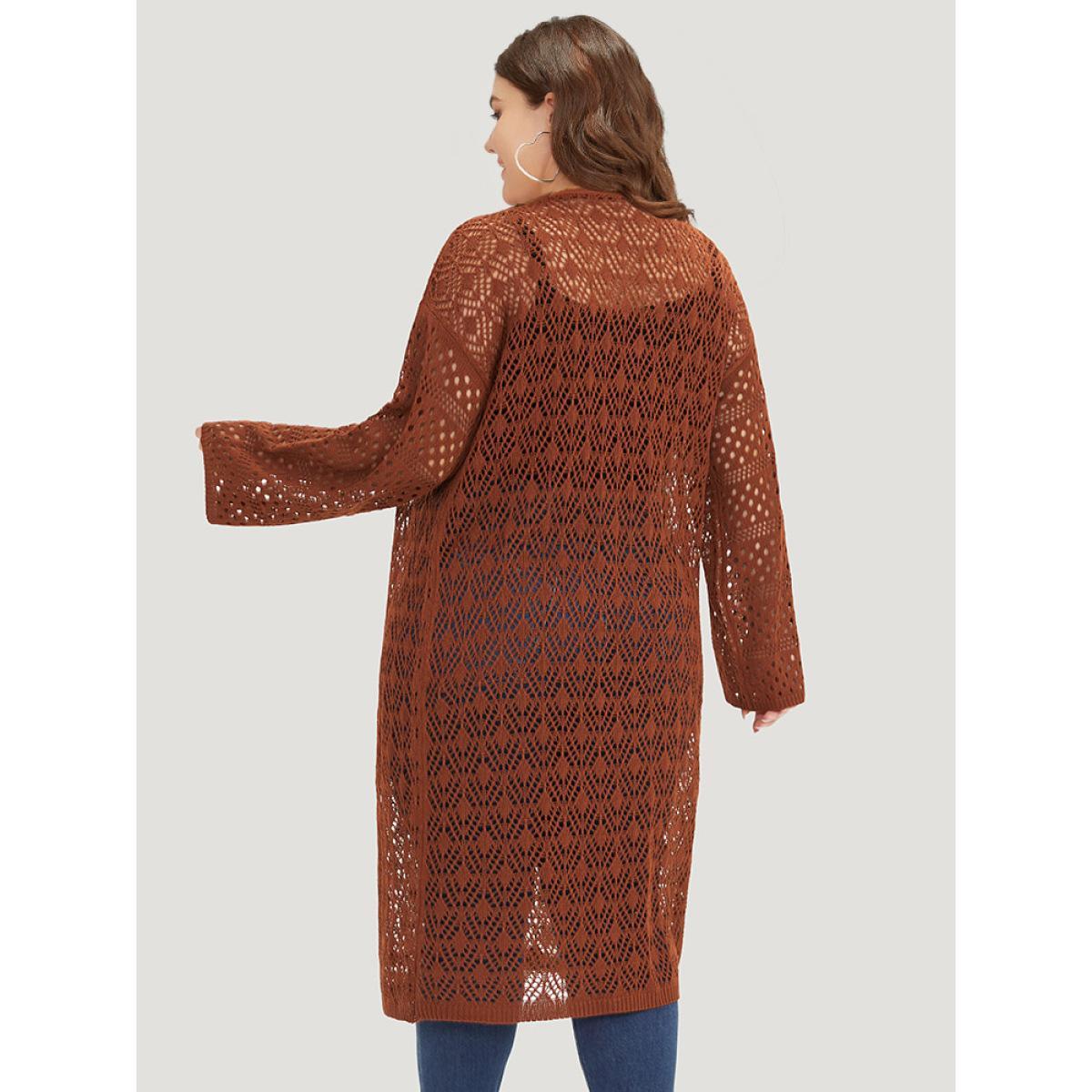 Plus Size Plain Hollow Out Split Side Maxi Cardigan Maroon Women Casual Loose Long Sleeve Dailywear Cardigans BloomChic 26/4X Product Image