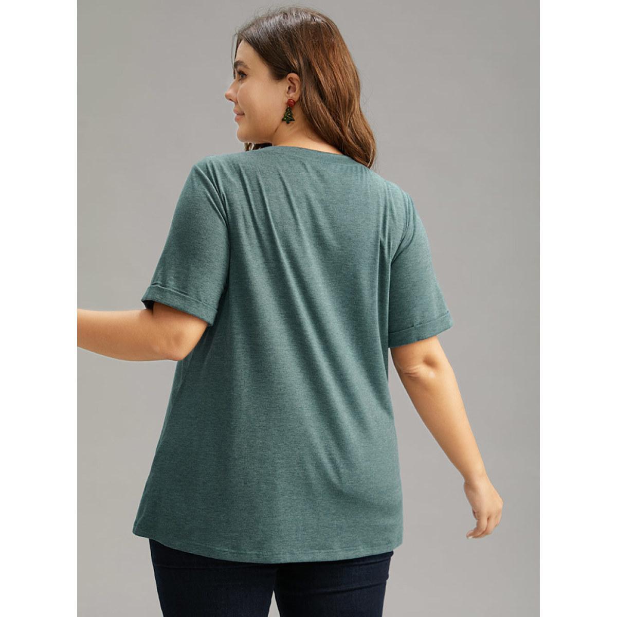 Plus Size Christmas Trees Print Cuffed Sleeve T-shirt DarkGreen Women Casual Printed Christmas Festival-Christmas T-shirts BloomChic 30/6X Product Image