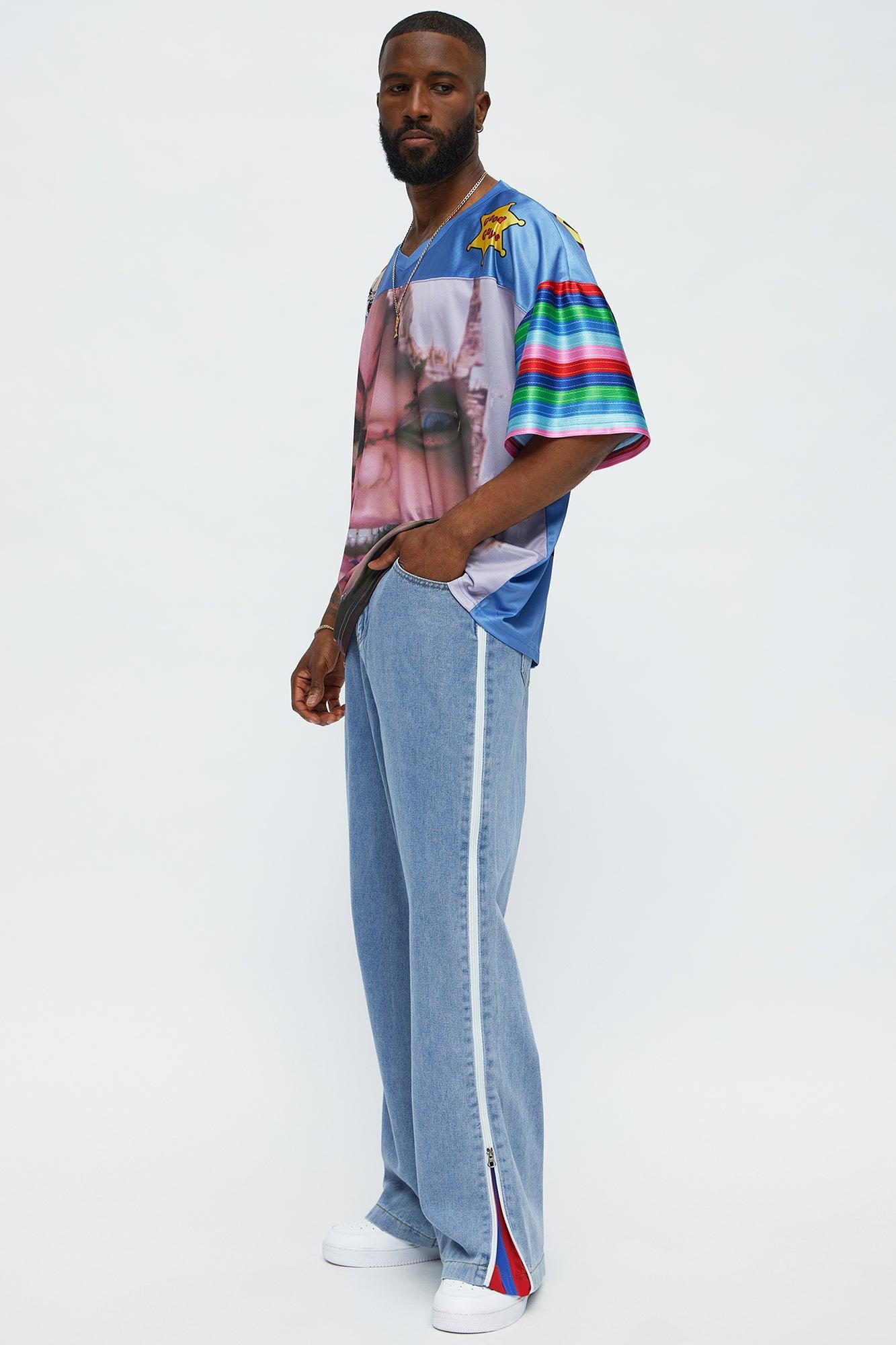 Baggy Side Stripe Zip Hit Jeans - Medium Blue Wash Product Image