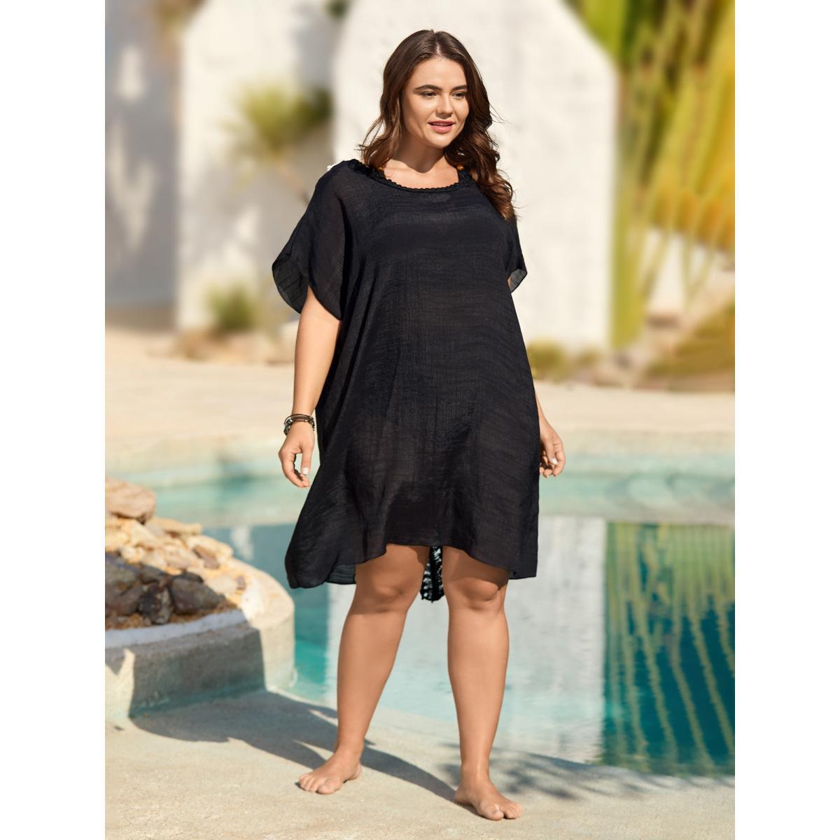 Plus Size Crochet Back Design Dolman Sleeve Swim Cover-Up Women's Swimwear Black Beach Loose Crochet Curve Swim Cover Ups BloomChic 14-16/1X Product Image