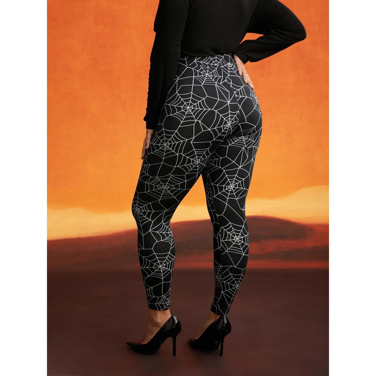 Plus Size Spider Web Printed Slim-Fit Pants Women Black Elegant High stretch Skinny Mid Rise Everyday Leggings BloomChic 22-24/3X Product Image