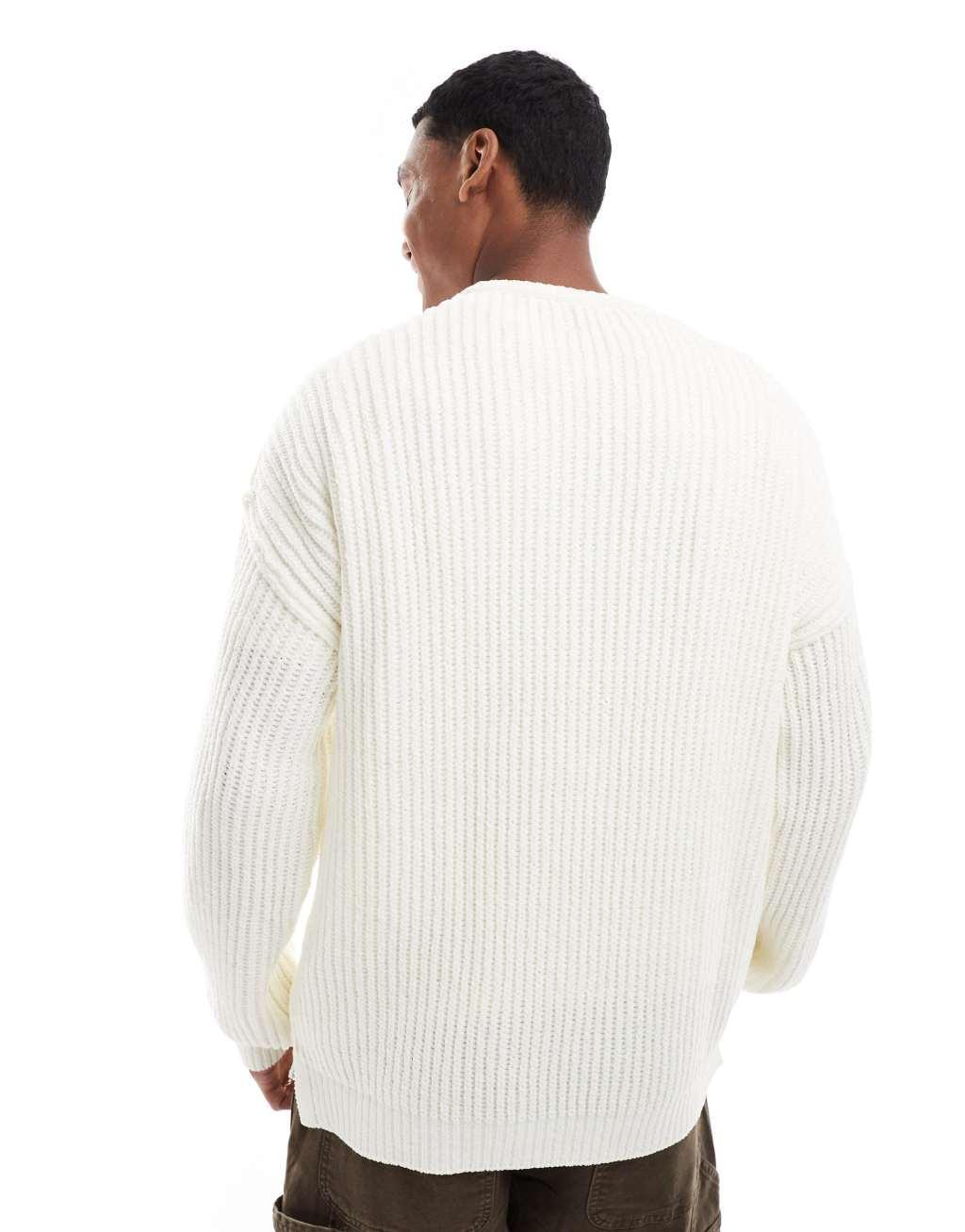 ASOS DESIGN relaxed knit chenille crew neck rib knit sweater in cream Product Image