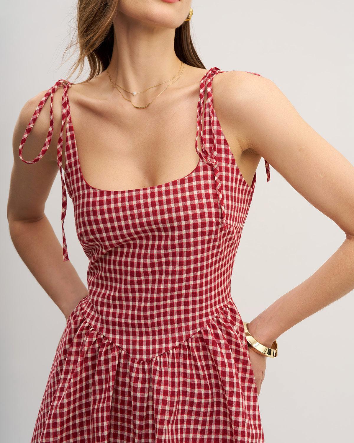 Red Plaid Tie Strap Mini Dress Product Image