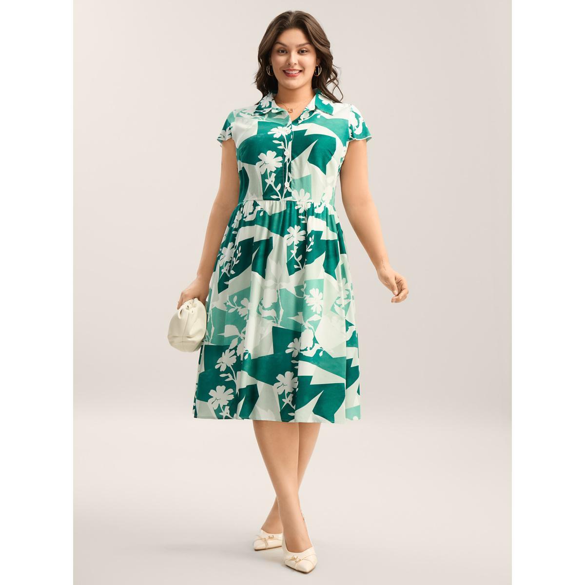 Plus Size Serene Floral Print Pockets Midi Dress Emerald Women Shirt collar Short sleeve Curvy BloomChic 22-24/3X Product Image