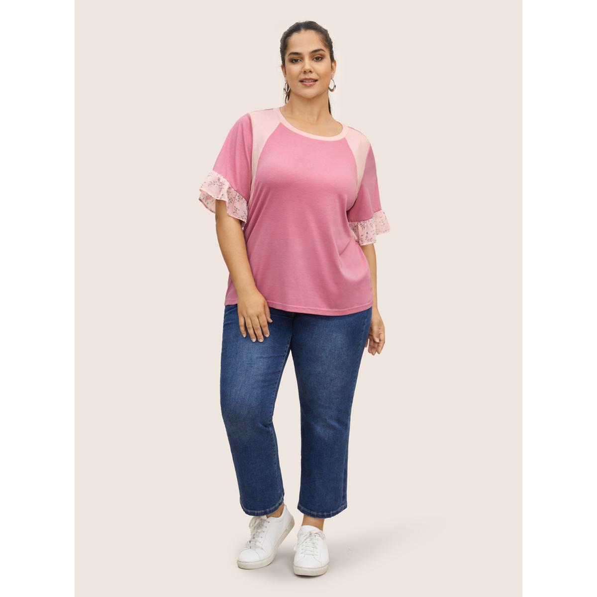 Plus Size Floral Patchwork Contrast Ruffles T-shirt Pink Women Elegant Contrast Round Neck Everyday T-shirts BloomChic 10/M Product Image
