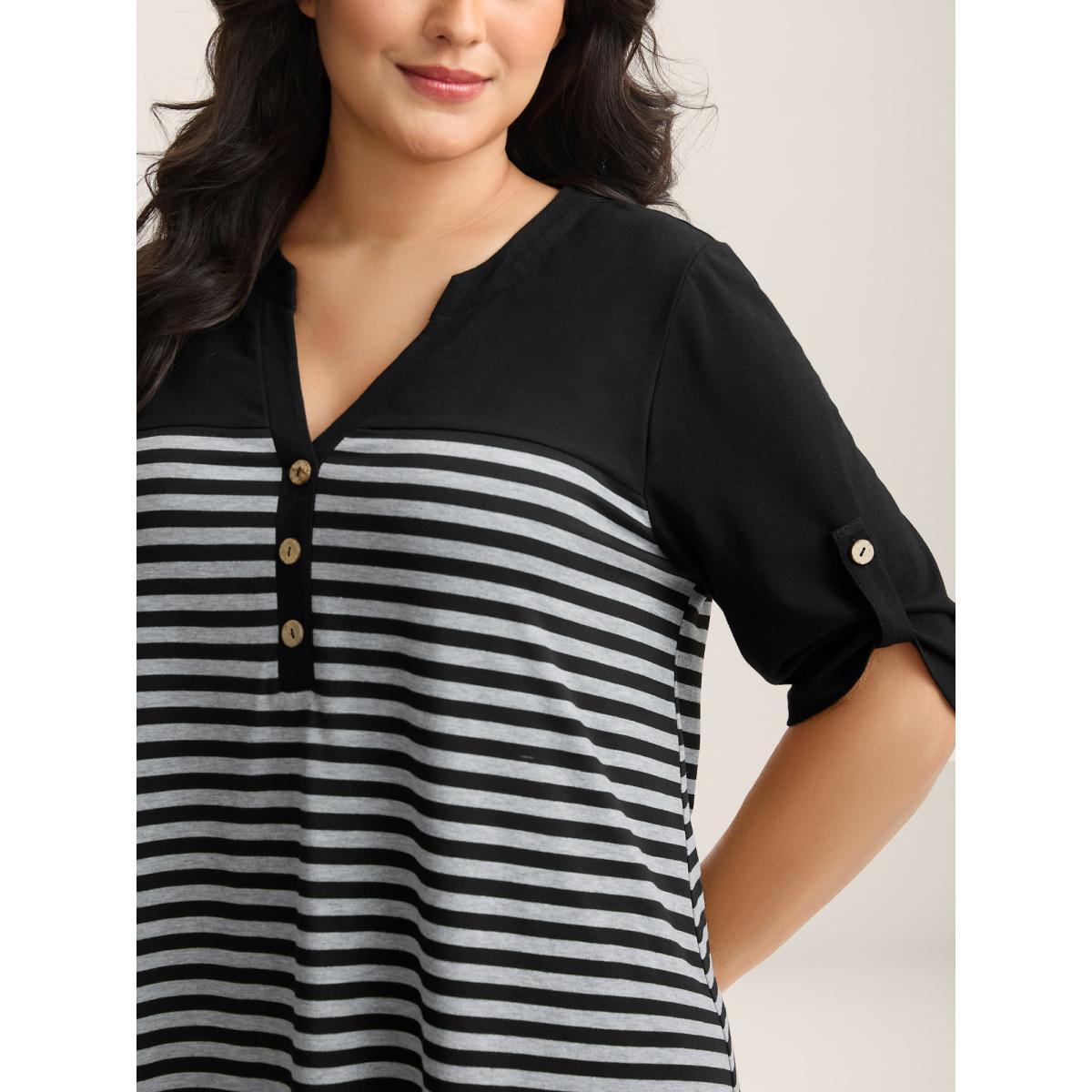 Plus Size Stripes Button Tab Sleeve Pockets Midi Dress Black Women Non Half Sleeve Curvy BloomChic 10/M Product Image