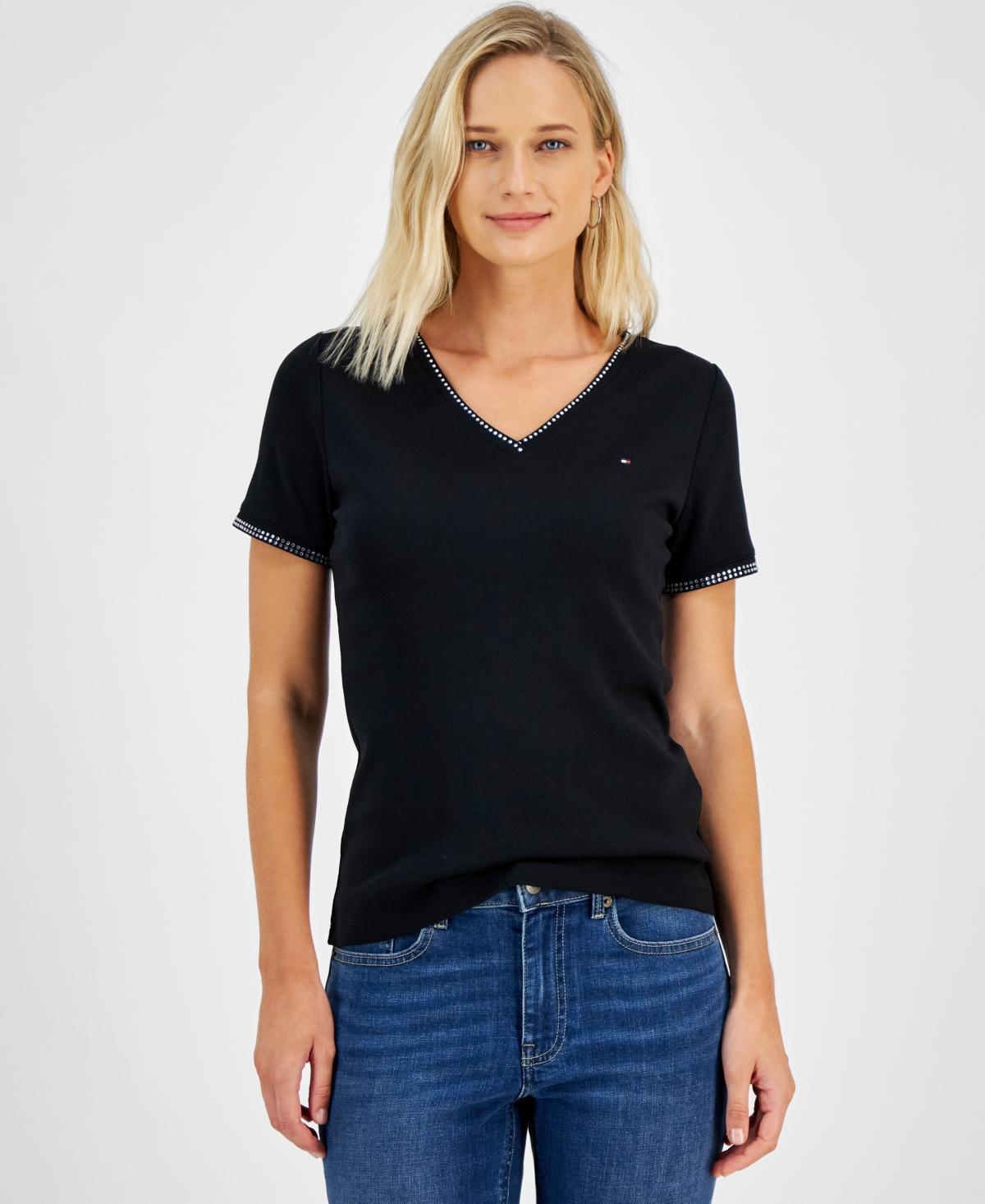 Tommy Hilfiger Womens Embellished V-Neck Cotton T-Shirt Product Image