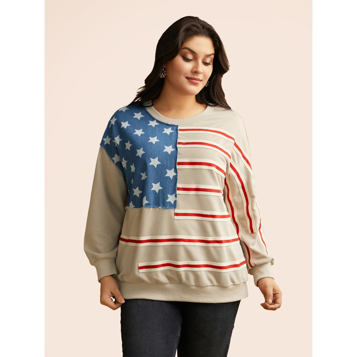 Plus Size Flag And Denim Spliced Crew Neck Sweatshirt Women Champagne Casual Woven ribbon&lace trim Loose Round Neck Everyday Sweatshirts BloomChic 28/5X Product Image