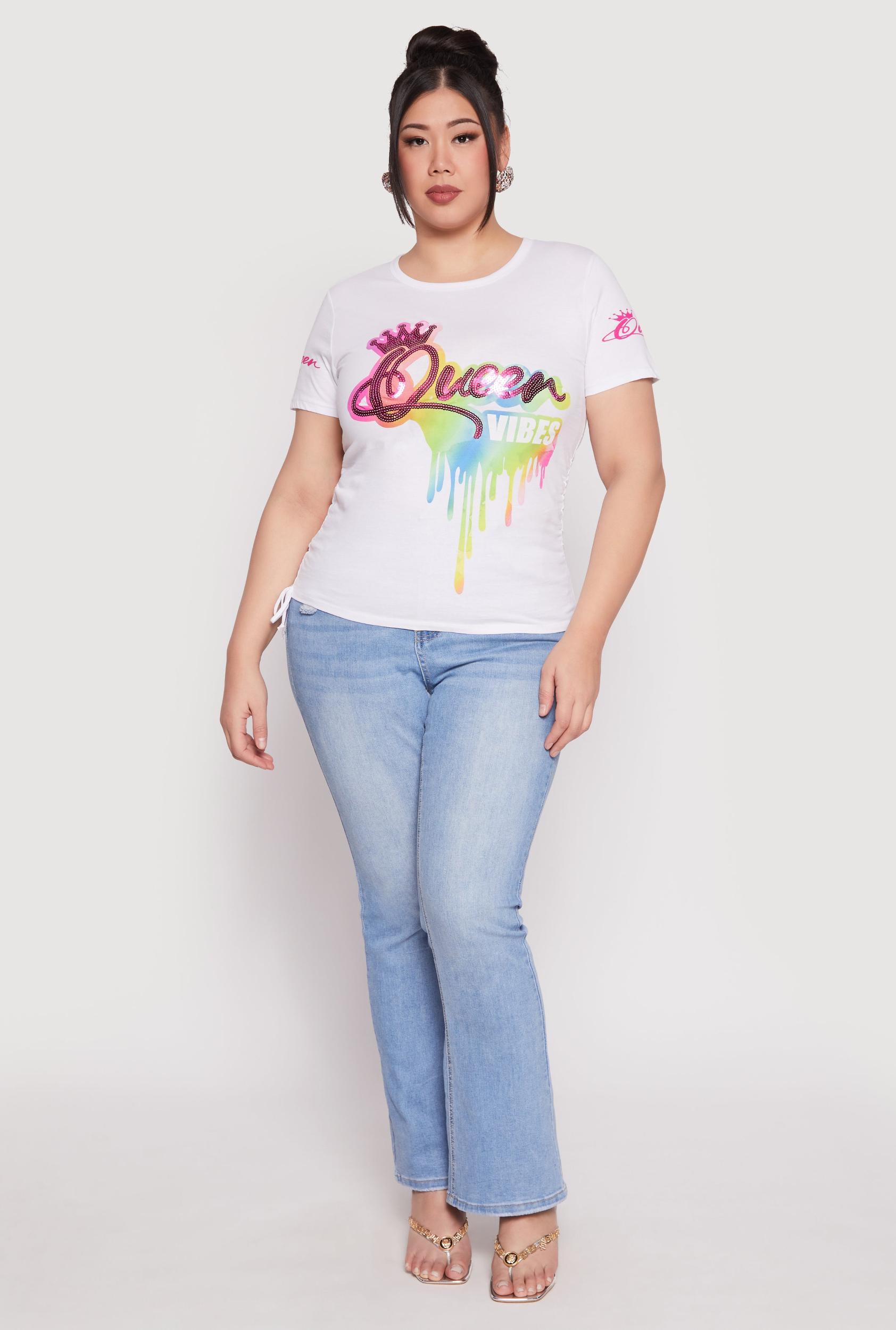 Womens Plus Size Sequin Queen Vibes Graphic Tee Product Image