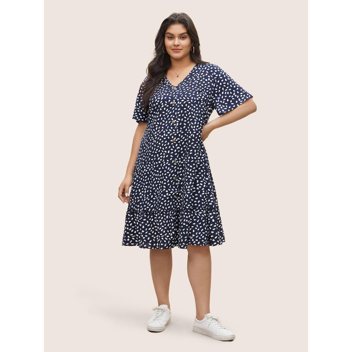 Plus Size Polka Dot Button Detail Flutter Layered Hem Dress DarkBlue Women Casual Non V-neck Short sleeve Curvy Midi Dress BloomChic 14-16/1X Product Image