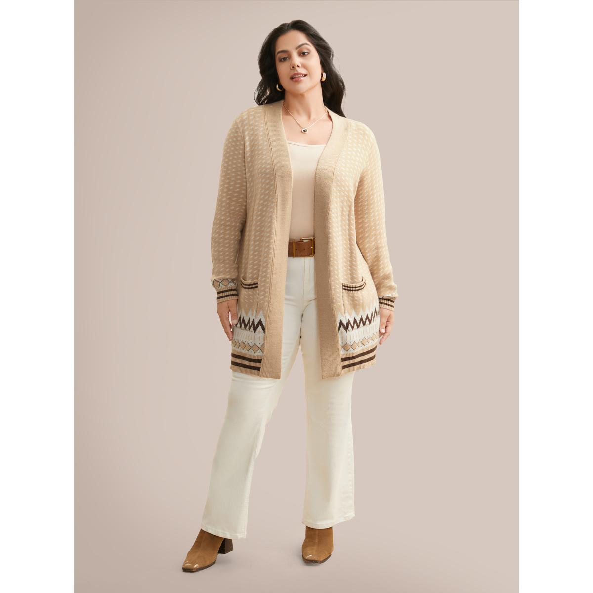 Plus Size Supersoft Essentials Bandana Geometric Pocket Cardigan Tan Women Casual Loose Long Sleeve Everyday Cardigans BloomChic 10/M Product Image