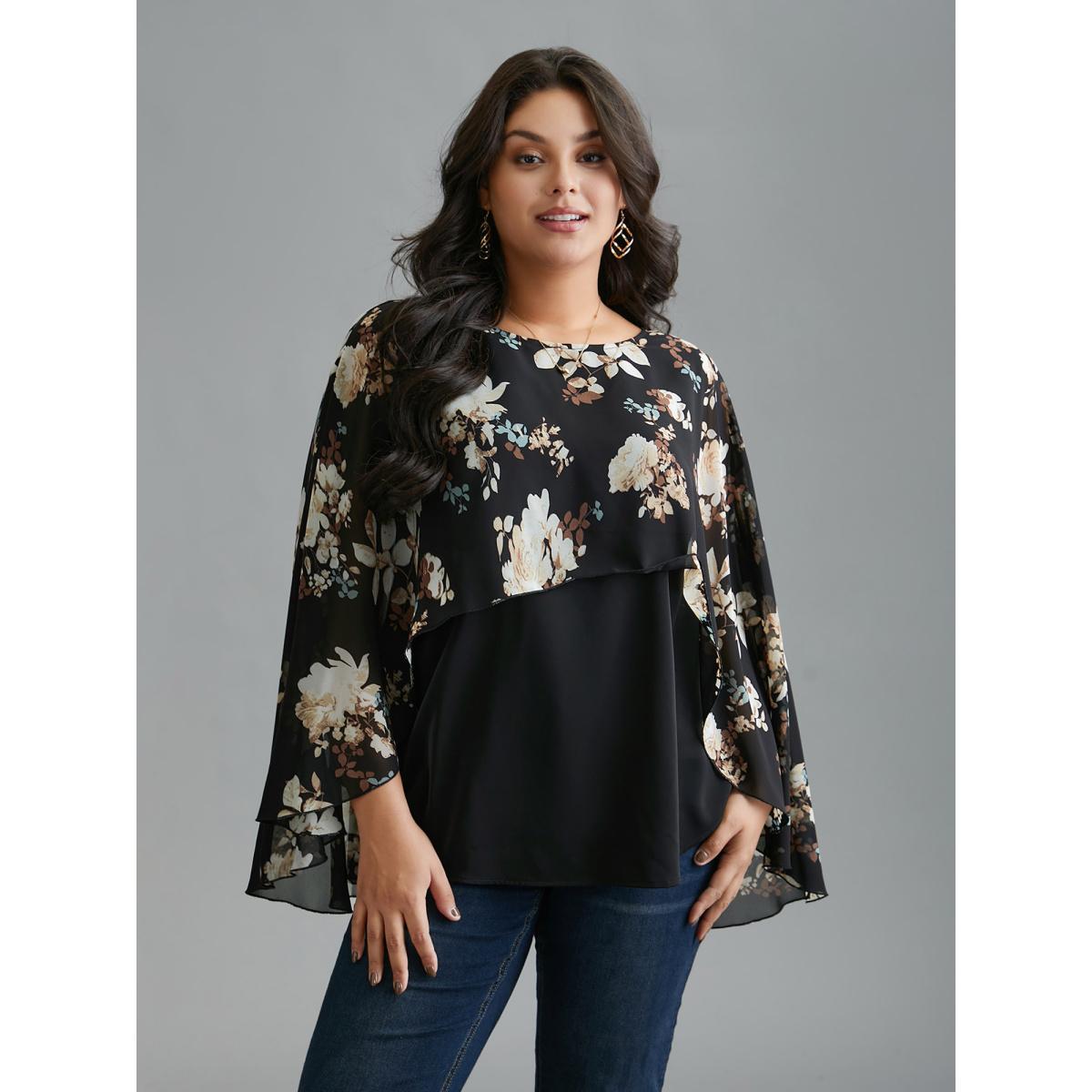 Plus Size Black Floral Chiffon High Low Hem Ruffles Blouse Women Elegant Three Quater Length Sleeve Round Neck Everyday Blouses BloomChic 28/5X Product Image