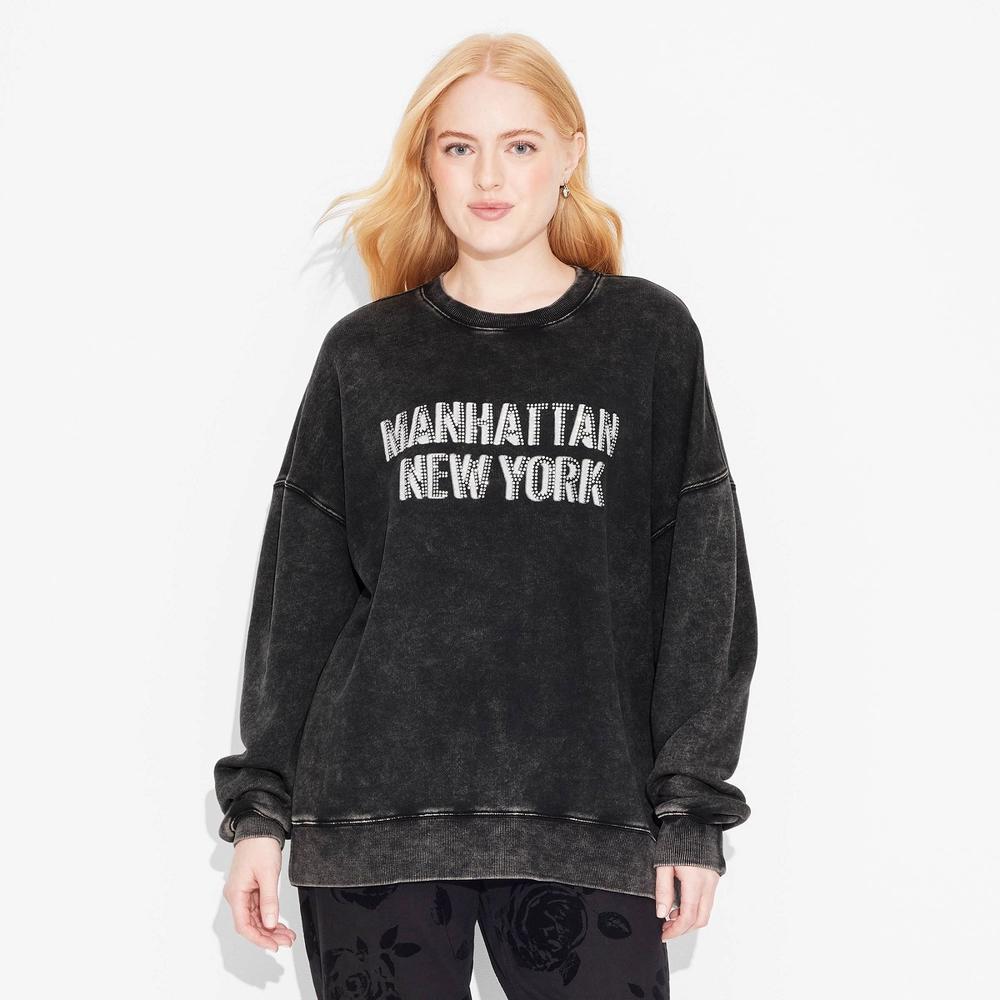 Womens Oversized Sweatshirt - Wild Fable Black XS: Heavyweight Fleece, Dolman Long Sleeve, Crew Neck Pullover Product Image