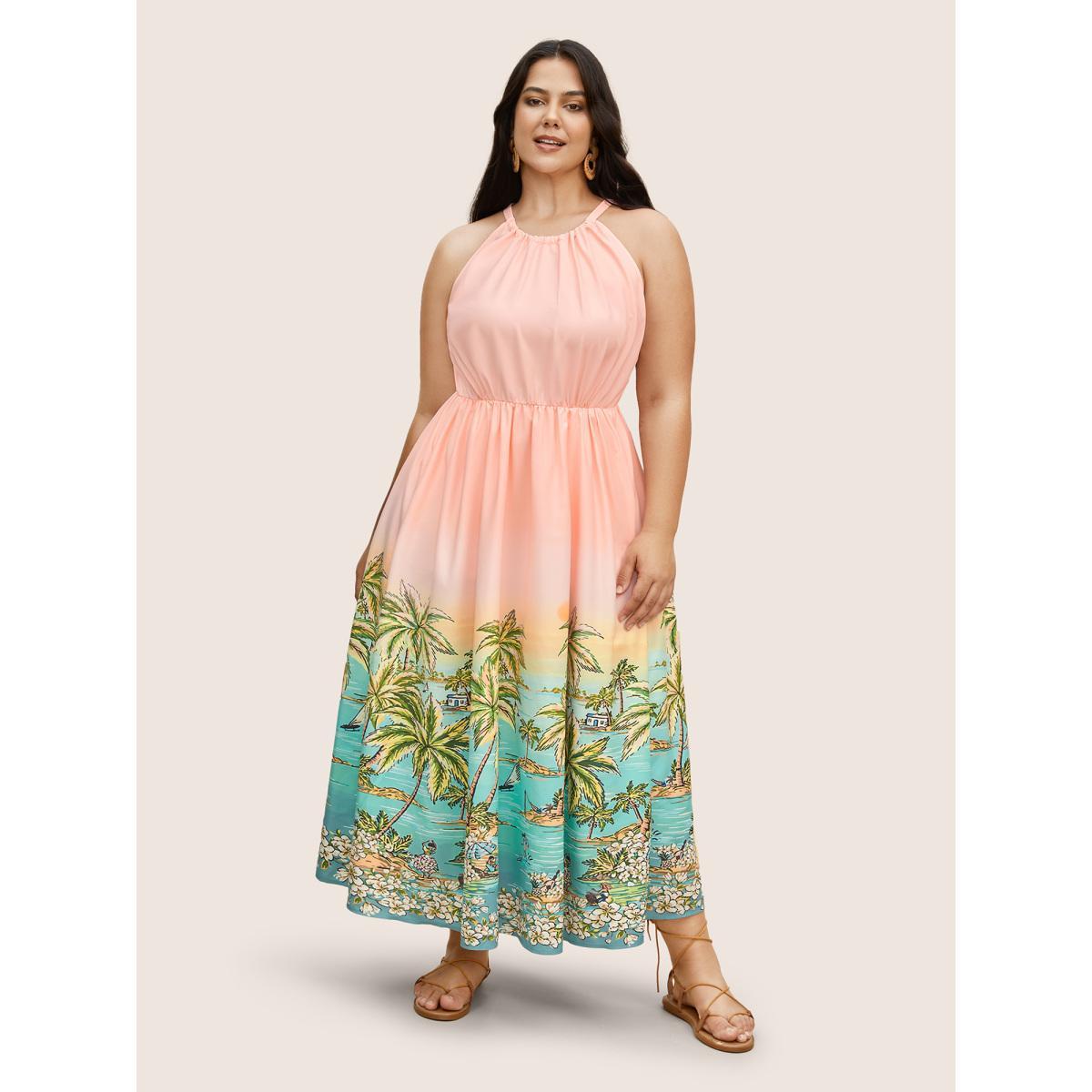 Plus Size Halter Neck Tropical Print Gathered Pocket Dress Pink Women Resort Gathered Halter neck Sleeveless Curvy BloomChic 26/4X Product Image