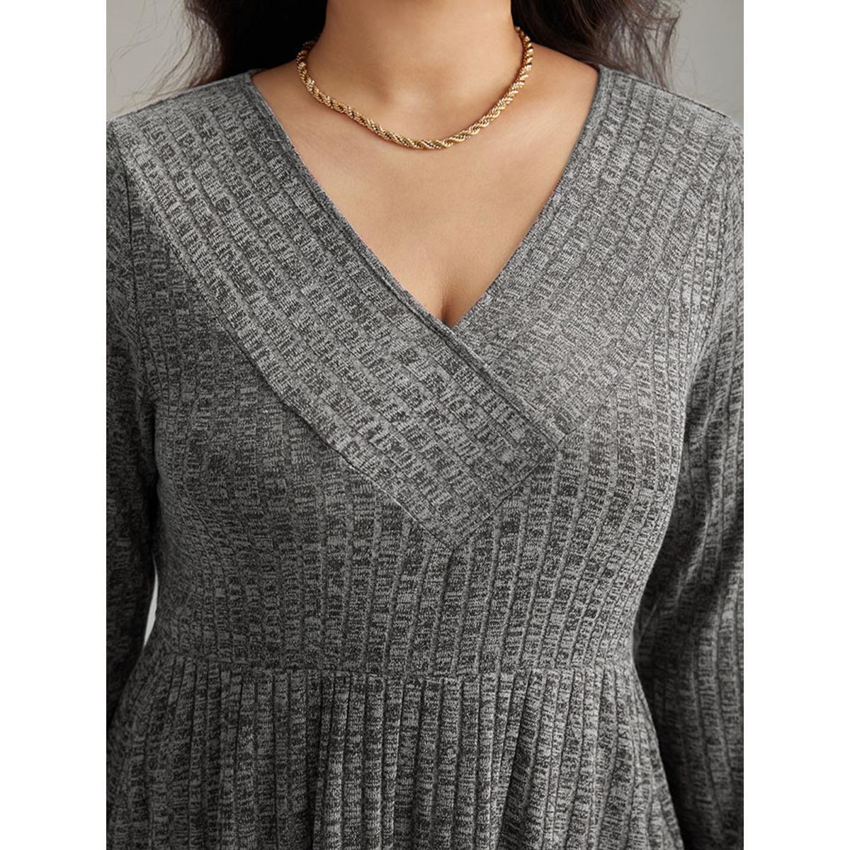 Plus Size Rib Knit Plain Plisse Long Sleeve Dress DarkGray Women Casual Rib Knit V-neck Long Sleeve Curvy Midi Dress BloomChic 28/5X Product Image