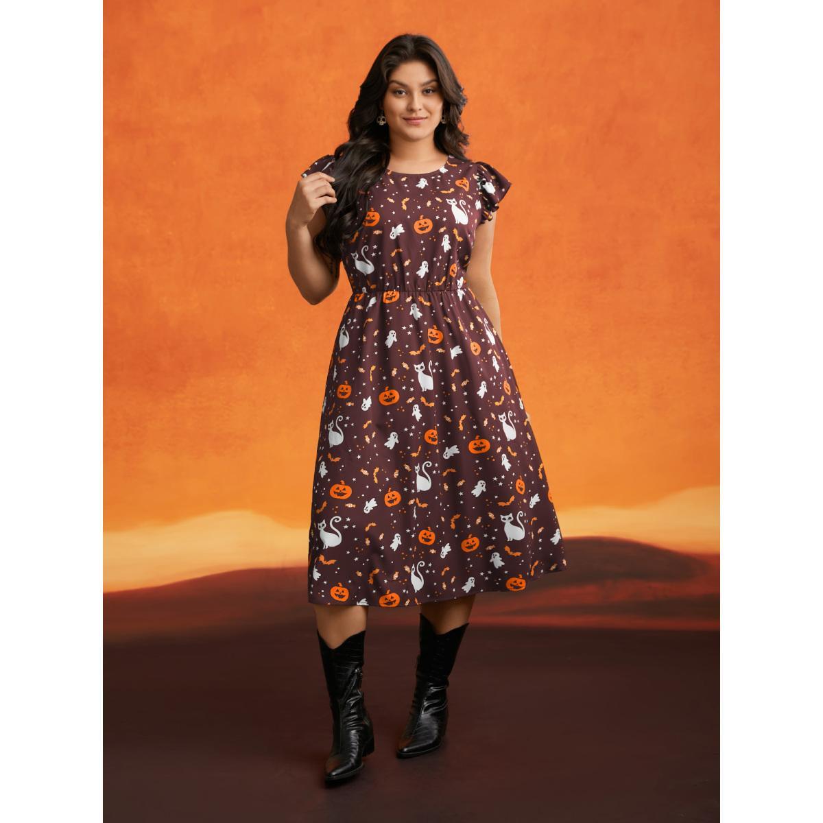 Plus Size Pumpkin Printed Ruffle Sleeves Midi Dress Deepred Women Casual Ruffles Party Curvy Bloomchic 14-16/1X Product Image
