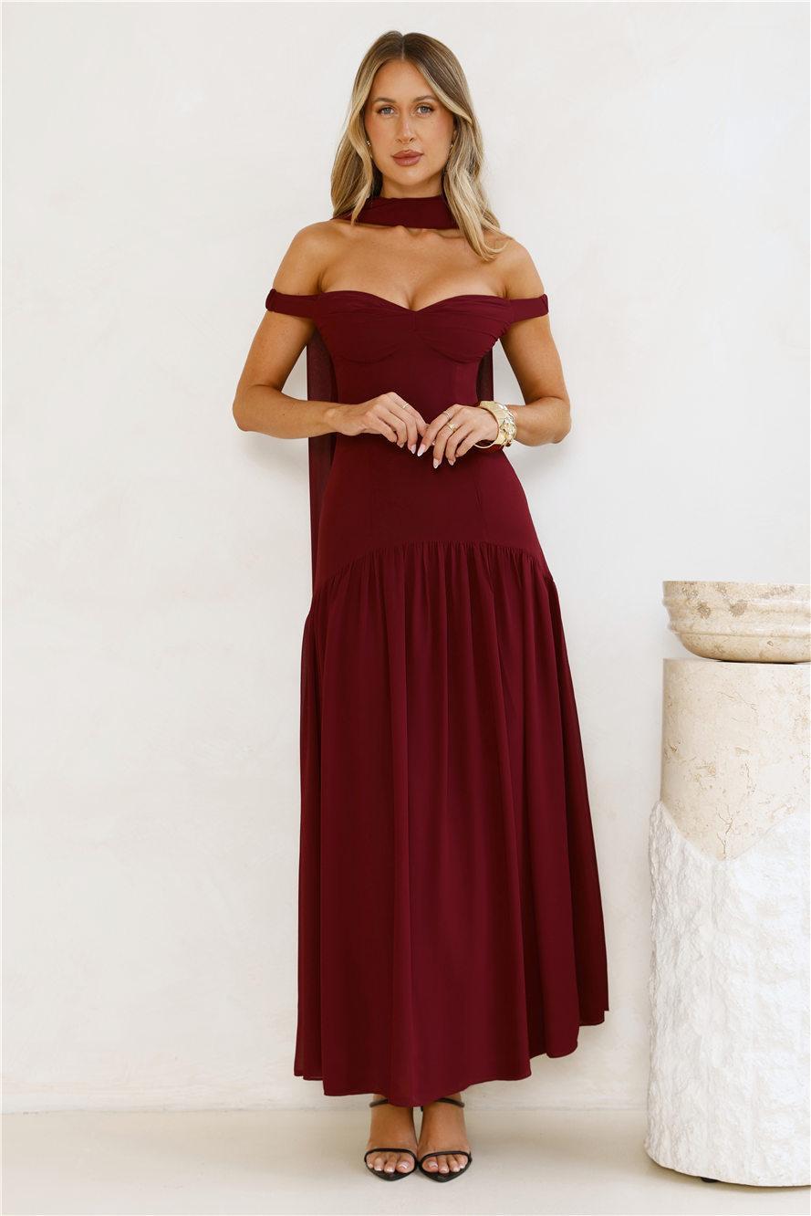 The Style Spotlight Off Shoulder Maxi Dress Burgundy Product Image