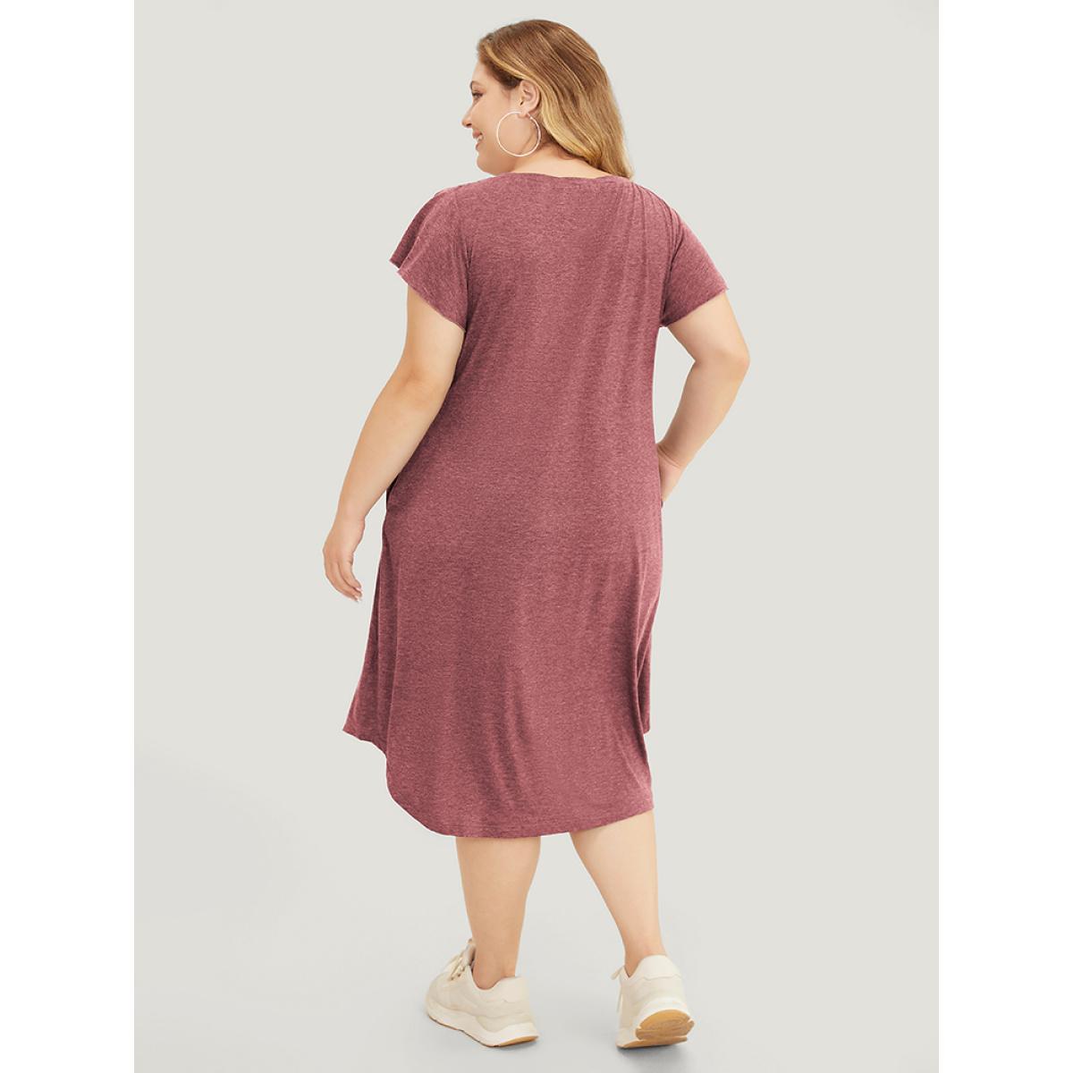 Plus Size Plain Pleated Ruffle Sleeve Pocket Button Up Curved Hem Dress DustyPink Women Casual Arc Hem Round Neck Cap Sleeve Curvy Midi Dress BloomChic 28/5X Product Image