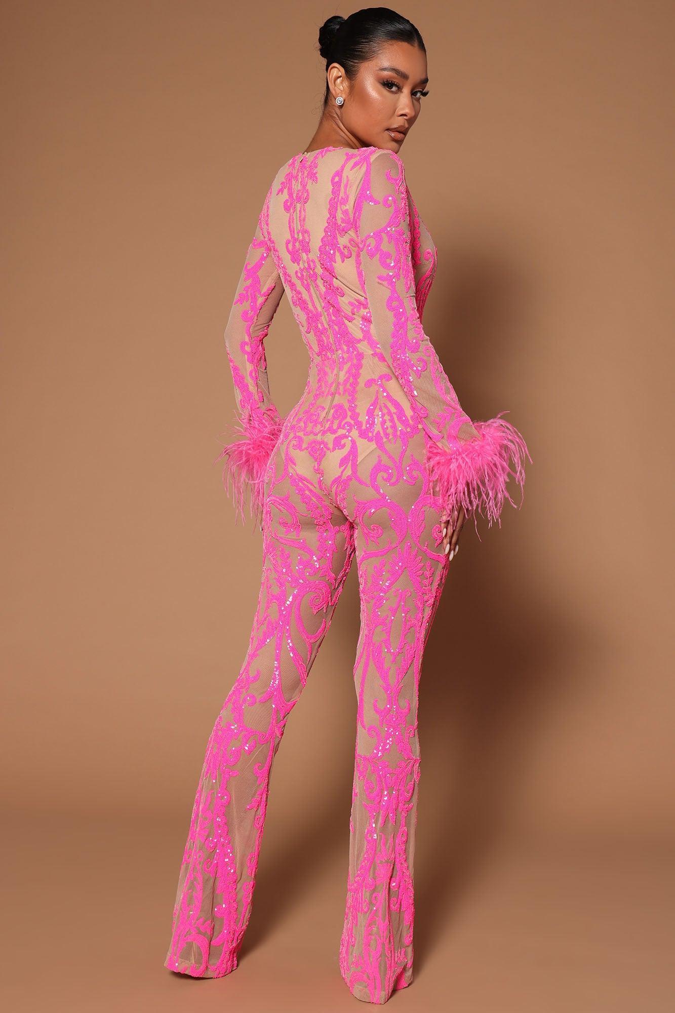 A Dancing Queen Sequin Feather Jumpsuit - Pink Product Image
