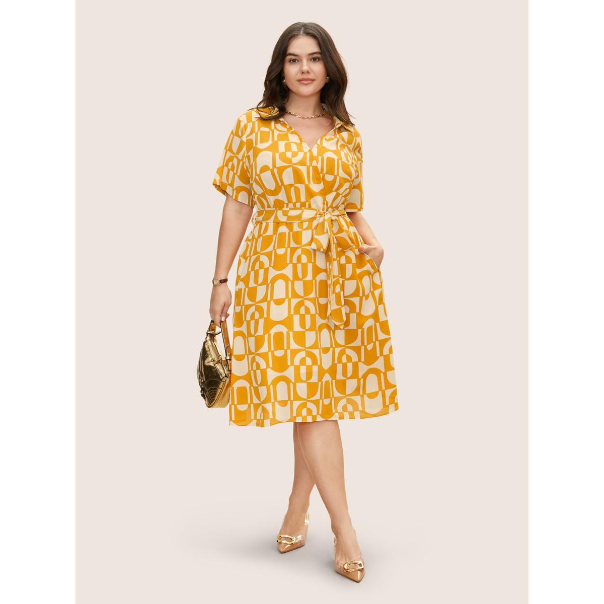 Plus Size Overlap Collar Geometric Belted Midi Dress Lightyellow Women At the Office Belted Overlap Collar Short sleeve Curvy BloomChic 18-20/2X Product Image