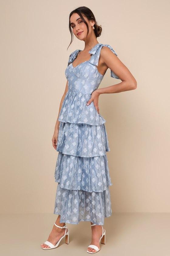 Gorgeous Excellence Light Blue Floral Burnout Tiered Midi Dress Product Image