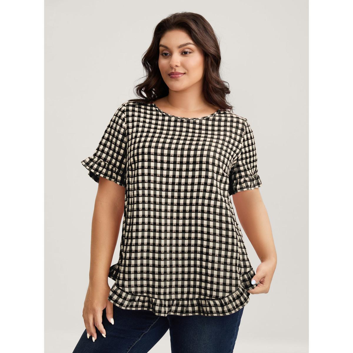 Plus Size Indigo Gingham Print Button Back Blouse Women Short sleeve Round Neck Everyday-Casual Blouses BloomChic 26/4X Product Image