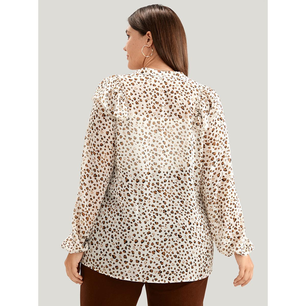 Plus Size Apricot Leopard Mesh Ruffle Trim Button Up Blouse Women Office Long Sleeve Lapel Collar Work Blouses BloomChic 12/L Product Image