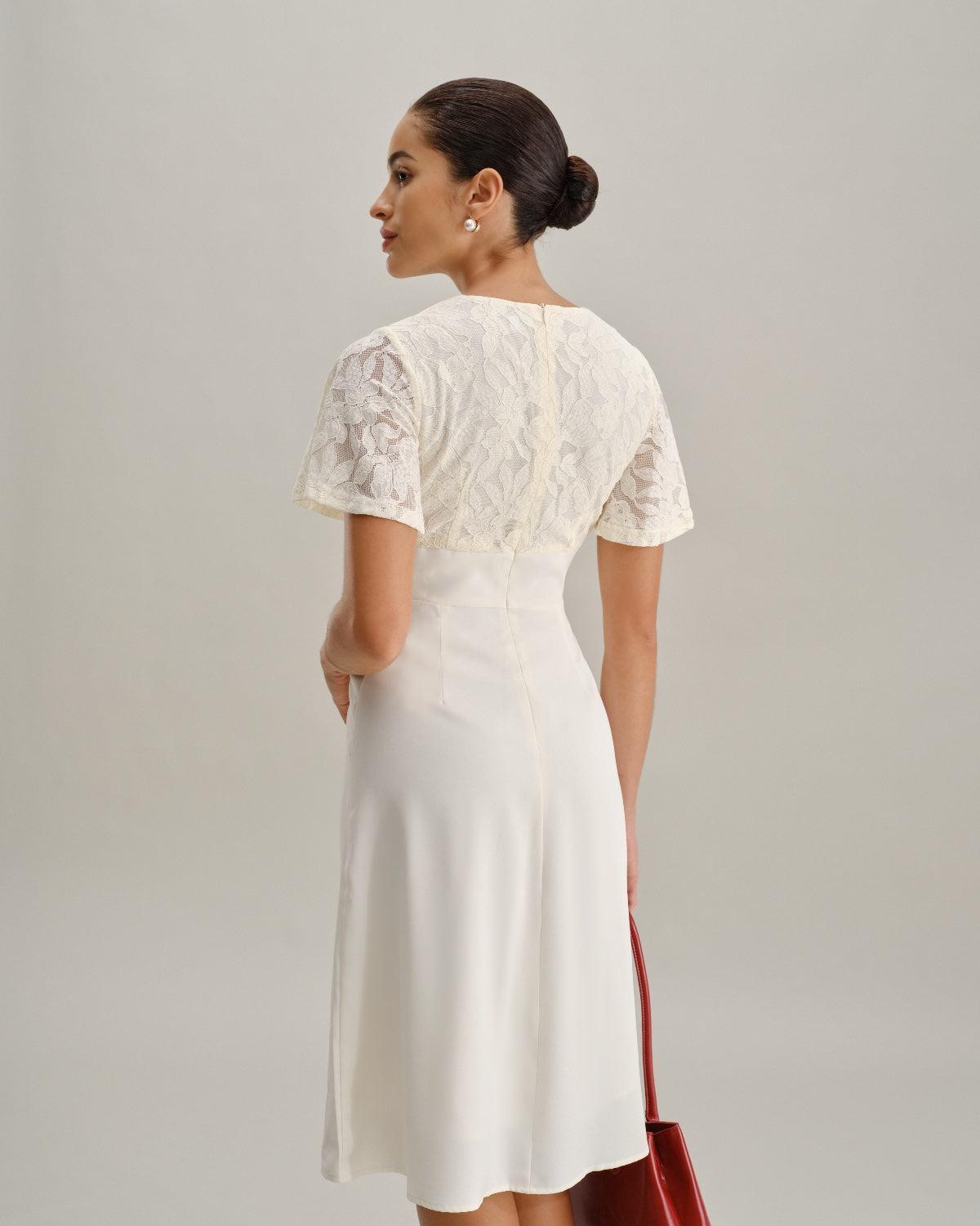 White Textured V-Neck Midi Dress Product Image