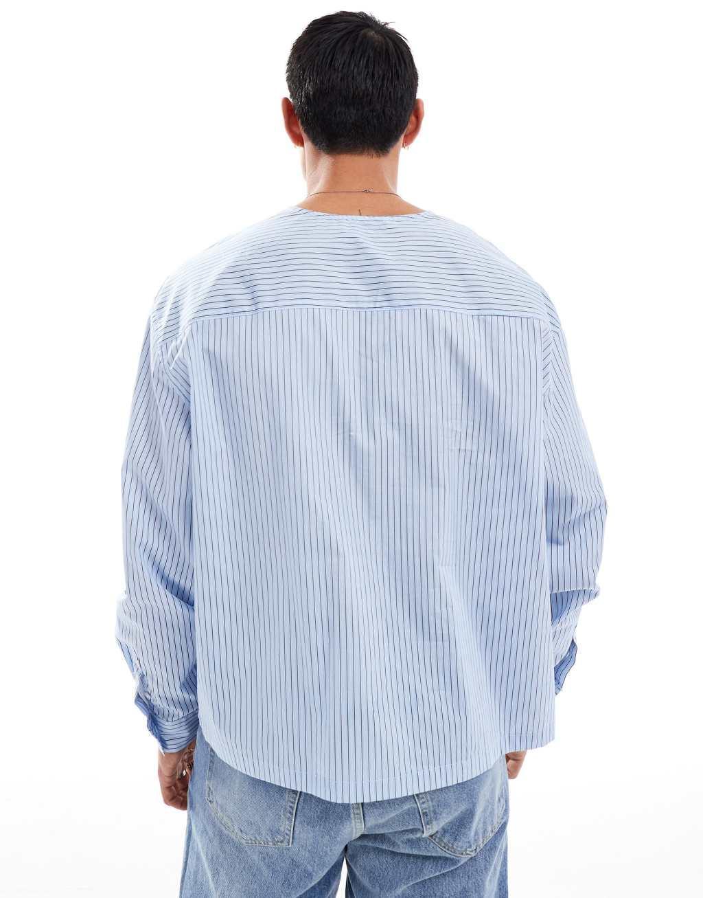 ASOS DESIGN oversized boxy long sleeve shirt with baseball neck in blue stripe Product Image