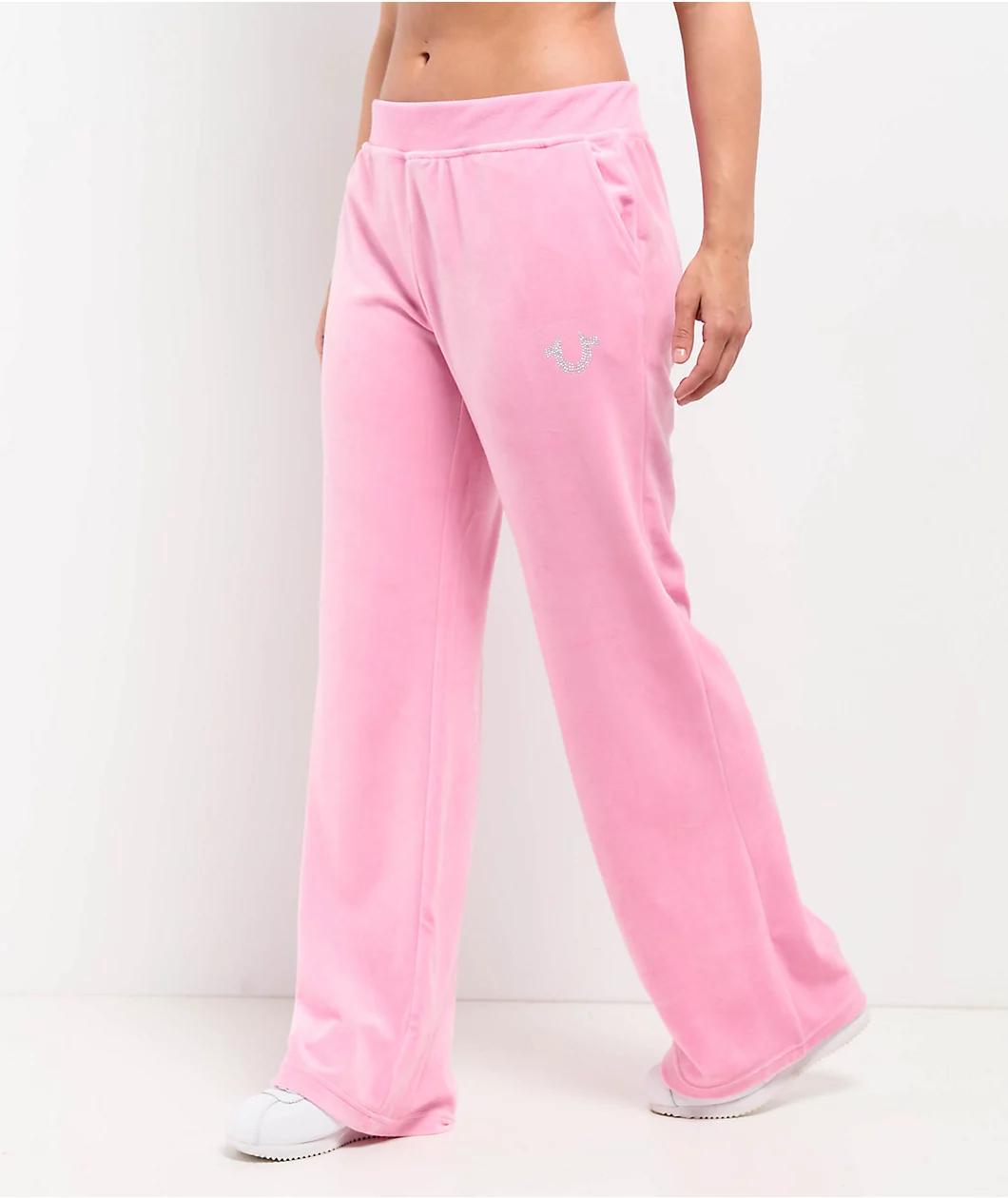 True Religion Crystal Horseshoe Pink Velour Track Pants Product Image