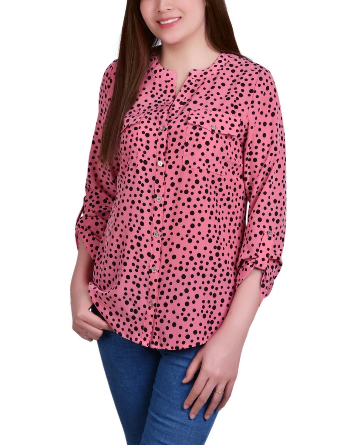 Petite 3/4 Sleeve Roll Tab Y Neck Blouse Product Image