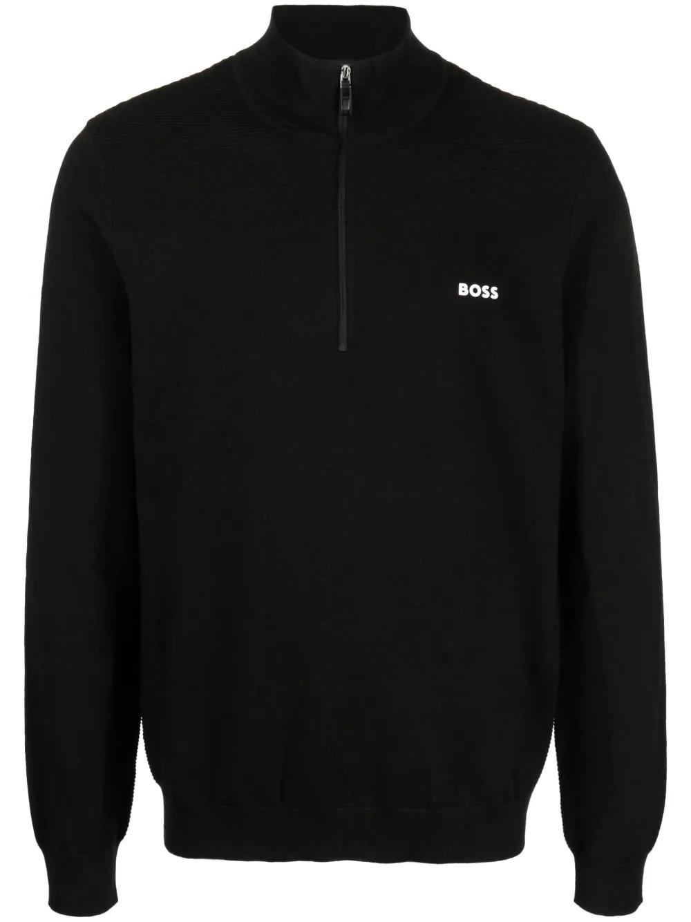HUGO BOSS Cotton-blend Zip-neck Sweater With Logo Print In Black Product Image