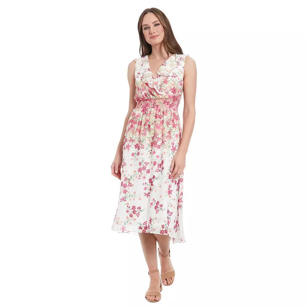 Women's London Times V-Neck Smocked Waist Midi Dress, Size: XL, White Pink Product Image